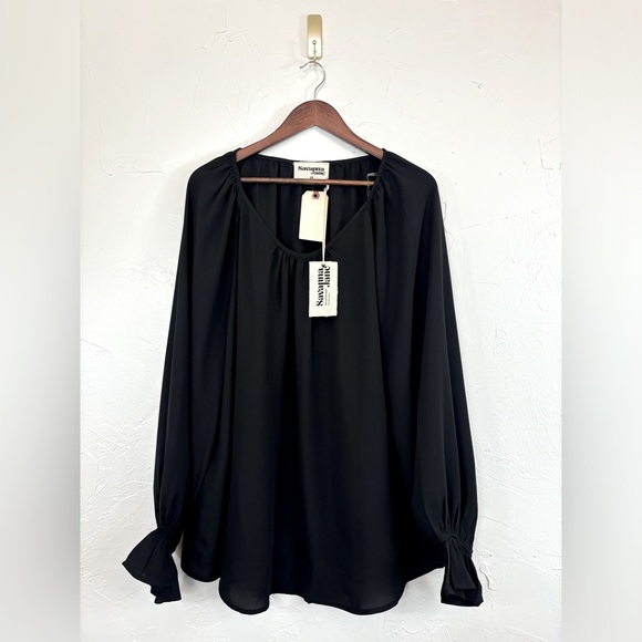 SAVANNA JANE Women Black Blouse Peasant Top Ruffle NEW Scoop‎ Neck Long Sleeve - Picture 1 of 10